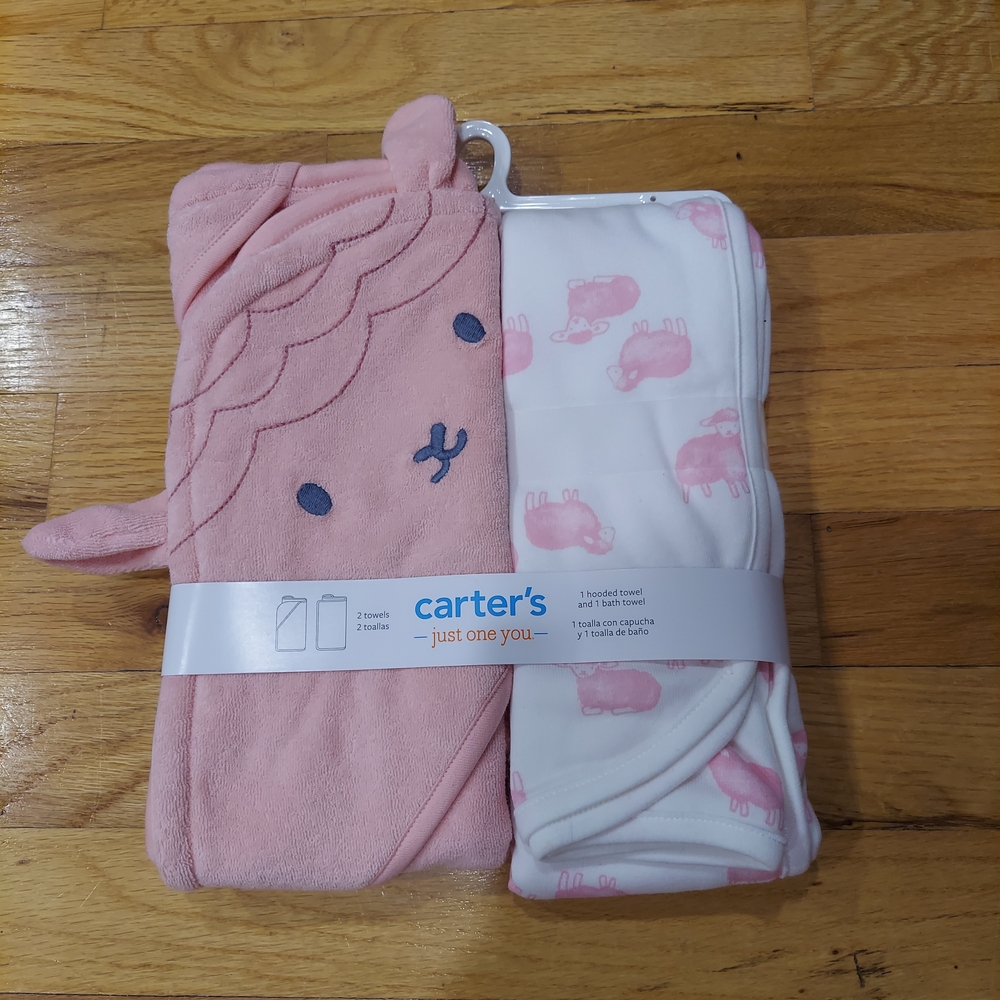 🔥 NWT Carter's Pink and White Hooded Towel Set (Size: 29in X 29in)